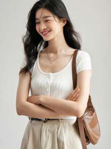 DAZY 正面紐帶羅紋針織開襟衫 - 米色 - 查看 3