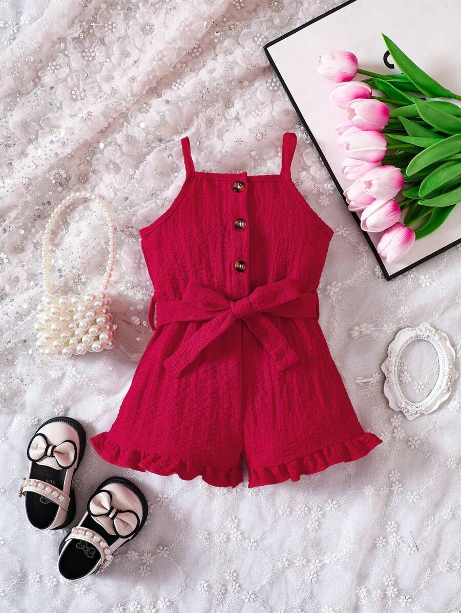 Đứa bé gái Xù Hoa Sen Thắt lưng Cami Romper - Màu Đỏ Sâu - Xem 1