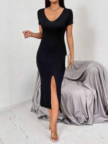 SHEIN Privé 素色高衩緊身連衣裙 - 黑色 - 查看 4