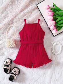 Đứa bé gái Xù Hoa Sen Thắt lưng Cami Romper - Màu Đỏ Sâu - Xem 2