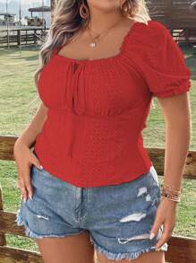 Calvaya Áo thun Plus size viền lá sen Thắt nơ trước Tranh thêu Nếp gấp Phần Ngực màu trơn Giải trí - Đỏ - Xem 3