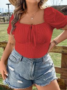 Calvaya Áo thun Plus size viền lá sen Thắt nơ trước Tranh thêu Nếp gấp Phần Ngực màu trơn Giải trí - Đỏ - Xem 4