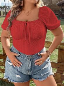 Calvaya Áo thun Plus size viền lá sen Thắt nơ trước Tranh thêu Nếp gấp Phần Ngực màu trơn Giải trí - Đỏ - Xem 5