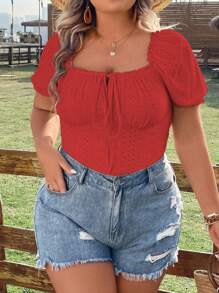 Calvaya Áo thun Plus size viền lá sen Thắt nơ trước Tranh thêu Nếp gấp Phần Ngực màu trơn Giải trí - Đỏ - Xem 6