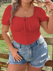 Calvaya Áo thun Plus size viền lá sen Thắt nơ trước Tranh thêu Nếp gấp Phần Ngực màu trơn Giải trí - Đỏ - Xem 7