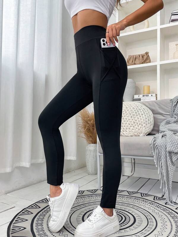 SHEIN Essnce Solid Wideband Waist Leggings With Phone Pocket SHEIN UK