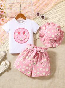 小女童卡通圖案T恤和短褲和帽 - 彩色 - 查看 1
