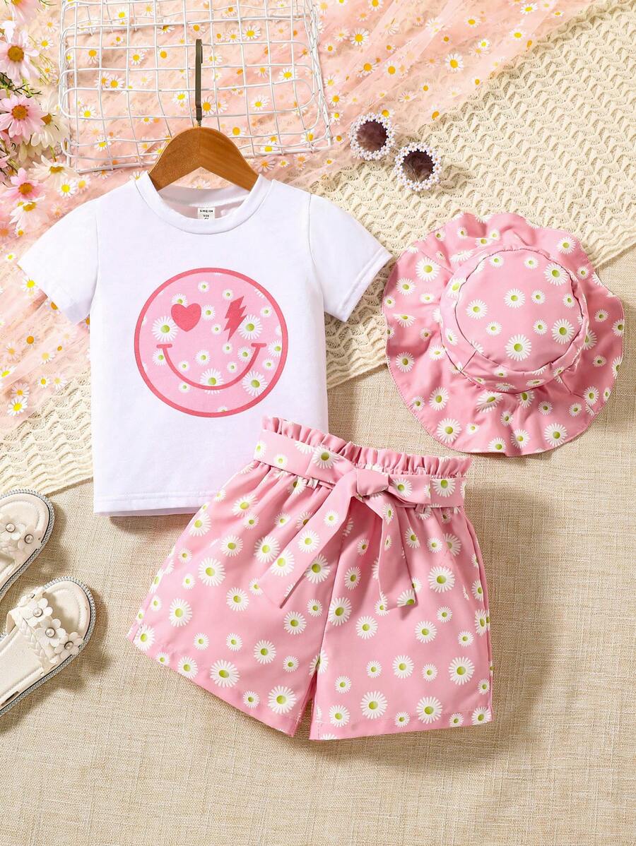 小女童卡通圖案T恤和短褲和帽 - 彩色 - 查看 1