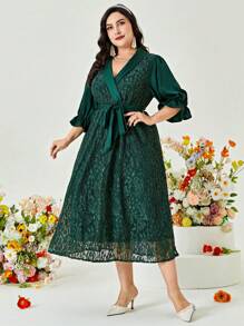 Modelyn Đầm Plus Size Thắt lưng Xù Trọn gói màu trơn Thanh lịch - Màu xanh lá cây đậm - Xem 5