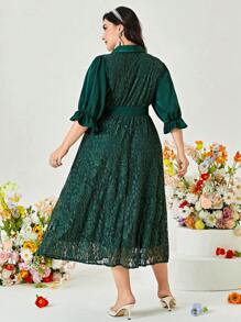 Modelyn Đầm Plus Size Thắt lưng Xù Trọn gói màu trơn Thanh lịch - Màu xanh lá cây đậm - Xem 2