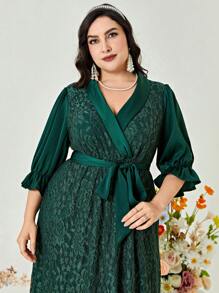 Modelyn Đầm Plus Size Thắt lưng Xù Trọn gói màu trơn Thanh lịch - Màu xanh lá cây đậm - Xem 4
