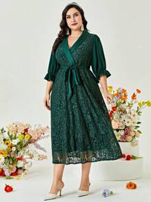 Modelyn Đầm Plus Size Thắt lưng Xù Trọn gói màu trơn Thanh lịch - Màu xanh lá cây đậm - Xem 1