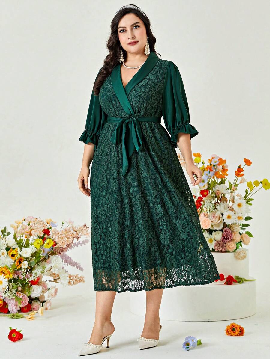 Modelyn Đầm Plus Size Thắt lưng Xù Trọn gói màu trơn Thanh lịch - Màu xanh lá cây đậm - Xem 1