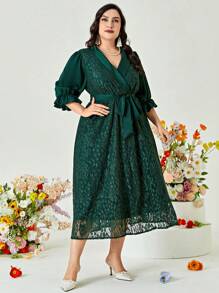 Modelyn Đầm Plus Size Thắt lưng Xù Trọn gói màu trơn Thanh lịch - Màu xanh lá cây đậm - Xem 6