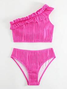 Ruffle Trim One Shoulder Bikini Set Summer Beach - Hot Pink - View 4