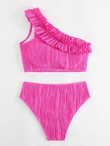 Ruffle Trim One Shoulder Bikini Set Summer Beach - Hot Pink - View 2
