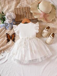 Baby Bow Front Ruffle Trim Mesh Overlay Dress - White - View 2