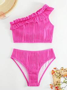 Ruffle Trim One Shoulder Bikini Set Summer Beach - Hot Pink - View 5