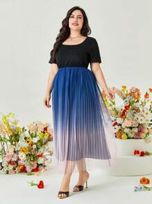 Modelyn Đầm Plus Size Tương phản Mesh Xếp li Khối Màu Ombre Thanh lịch - Màu be - Xem 3