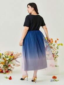 Modelyn Đầm Plus Size Tương phản Mesh Xếp li Khối Màu Ombre Thanh lịch - Màu be - Xem 2