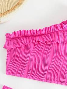 Ruffle Trim One Shoulder Bikini Set Summer Beach - Hot Pink - View 7