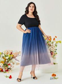 Modelyn Đầm Plus Size Tương phản Mesh Xếp li Khối Màu Ombre Thanh lịch - Màu be - Xem 1