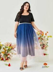 Modelyn Đầm Plus Size Tương phản Mesh Xếp li Khối Màu Ombre Thanh lịch - Màu be - Xem 5