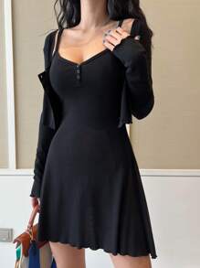 DAZY Solid Cami Dress & Button Front Tee,Women Two Pieces Sets