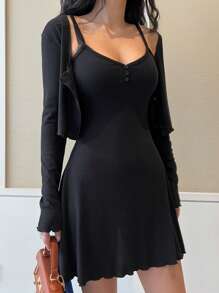 DAZY Solid Cami Dress & Button Front Tee,Women Two Pieces Sets