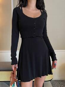 DAZY Solid Cami Dress & Button Front Tee,Women Two Pieces Sets
