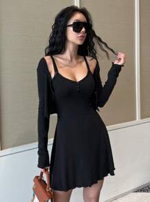 DAZY Solid Cami Dress & Button Front Tee,Women Two Pieces Sets