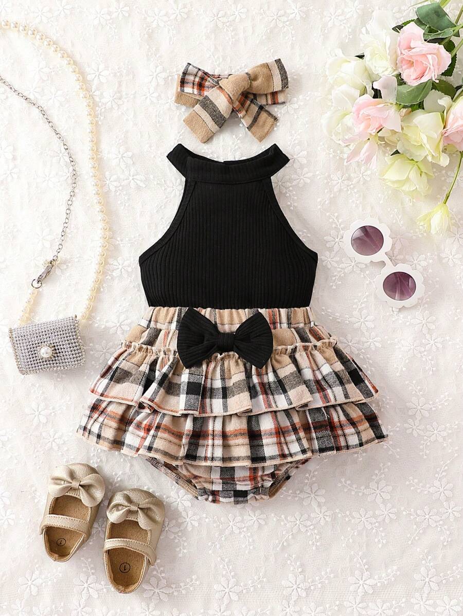 Baby Girl Halter Top & Plaid Bow Front Layered Ruffle Shorts - Multicolor - View 1