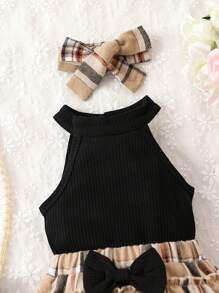 Baby Girl Halter Top & Plaid Bow Front Layered Ruffle Shorts - Multicolor - View 3
