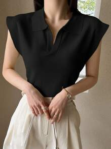 Dazy-Less Blusa de punto de manga corta y cuello redondo, ropa casual de oficina para mujer - Negro - Ver 3