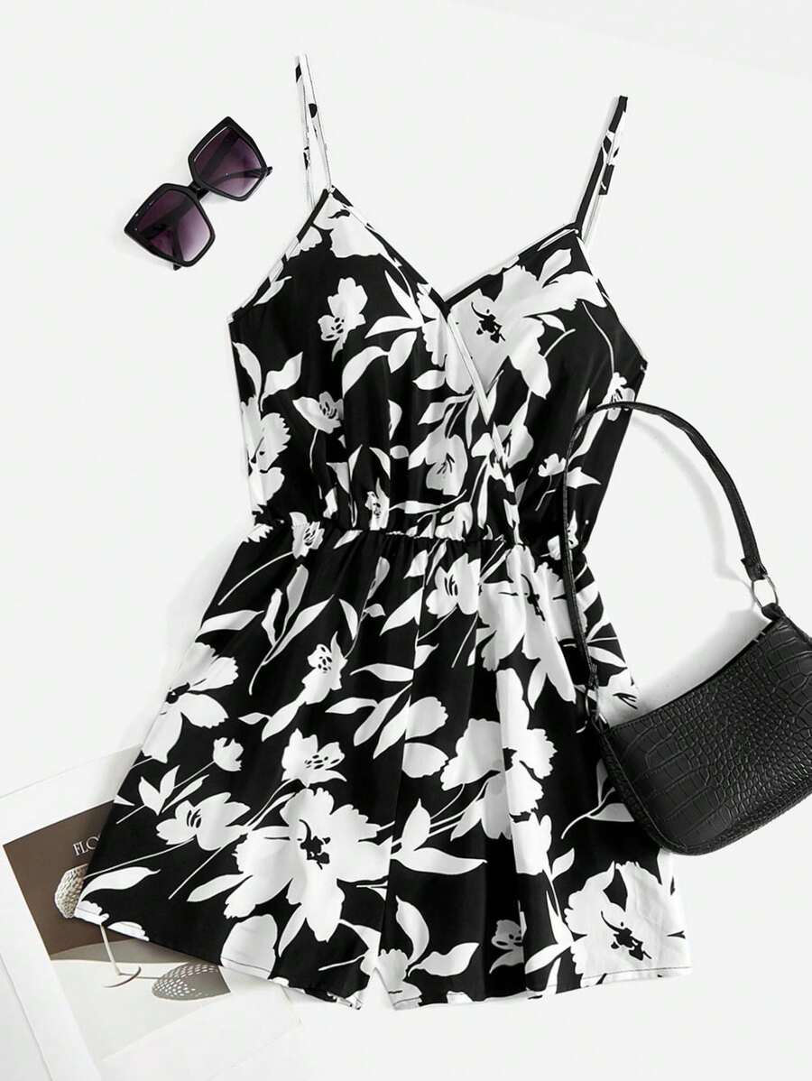 SHEIN LUNE Jumpsuits Plus Size Trọn gói Hoa Tất cả trên in Boho - Đen và trắng - Xem 1