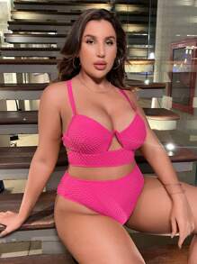 SHEIN Conjunto De Bikini Push-up Con Corte De Talla Grande Para Playa De Verano - Rosa Fucsia - Ver 3