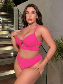 SHEIN Conjunto De Bikini Push-up Con Corte De Talla Grande Para Playa De Verano - Rosa Fucsia - Ver 4