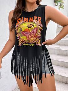 SHEIN Holidaya Áo hai dây Plus Size mép Lá thư Loại bướm Giải trí - màu đen - Xem 1