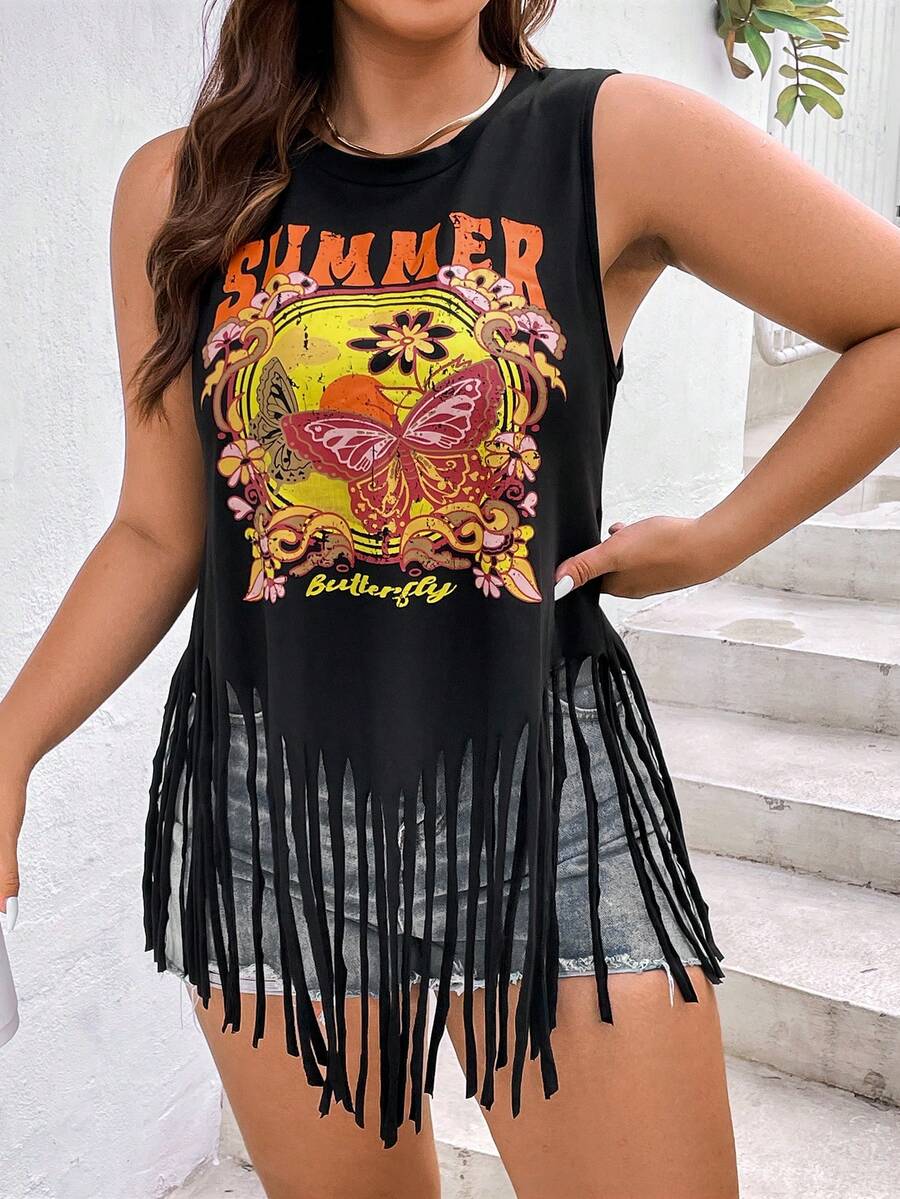 SHEIN Holidaya Áo hai dây Plus Size mép Lá thư Loại bướm Giải trí - màu đen - Xem 1