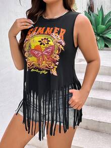 SHEIN Holidaya Áo hai dây Plus Size mép Lá thư Loại bướm Giải trí - màu đen - Xem 5