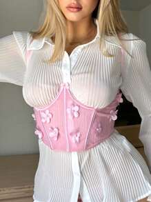 Floral Appliques Underwire Shapewear Top Without Blouse - Pink - View 3