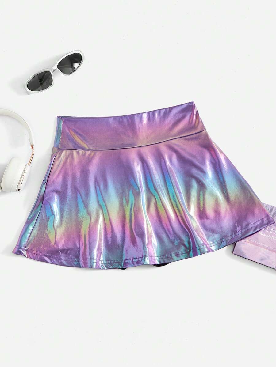 SHEIN ICON Holographic PU Leather Flare Skirt - Purple - View 1