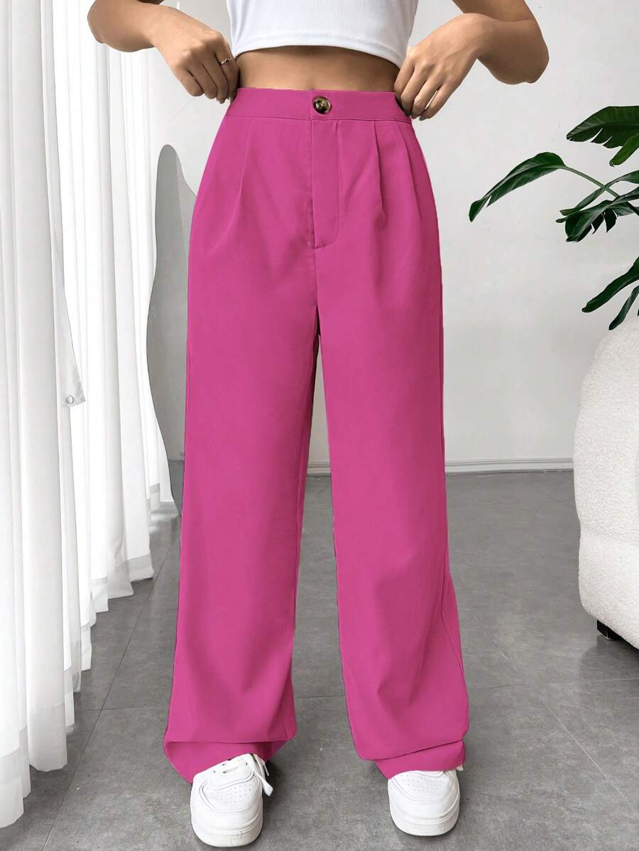 SHEIN EZwear 高腰拼接細節闊腿褲 - 玫紅色 - 查看 1
