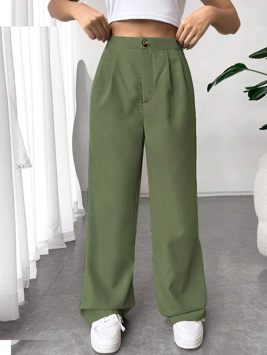 SHEIN EZwear High Waist Plicated Detail Wide Leg Pants - Olive Green - View 1