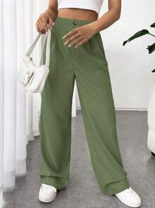 SHEIN EZwear High Waist Plicated Detail Wide Leg Pants - Olive Green - View 3
