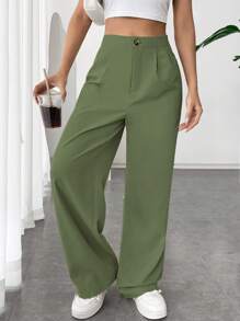 SHEIN EZwear High Waist Plicated Detail Wide Leg Pants - Olive Green - View 4