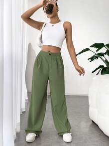 SHEIN EZwear High Waist Plicated Detail Wide Leg Pants - Olive Green - View 6
