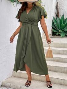 SHEIN Clasi Plus Solid Twist Front Wrap Hem Dress - Army Green - View 4