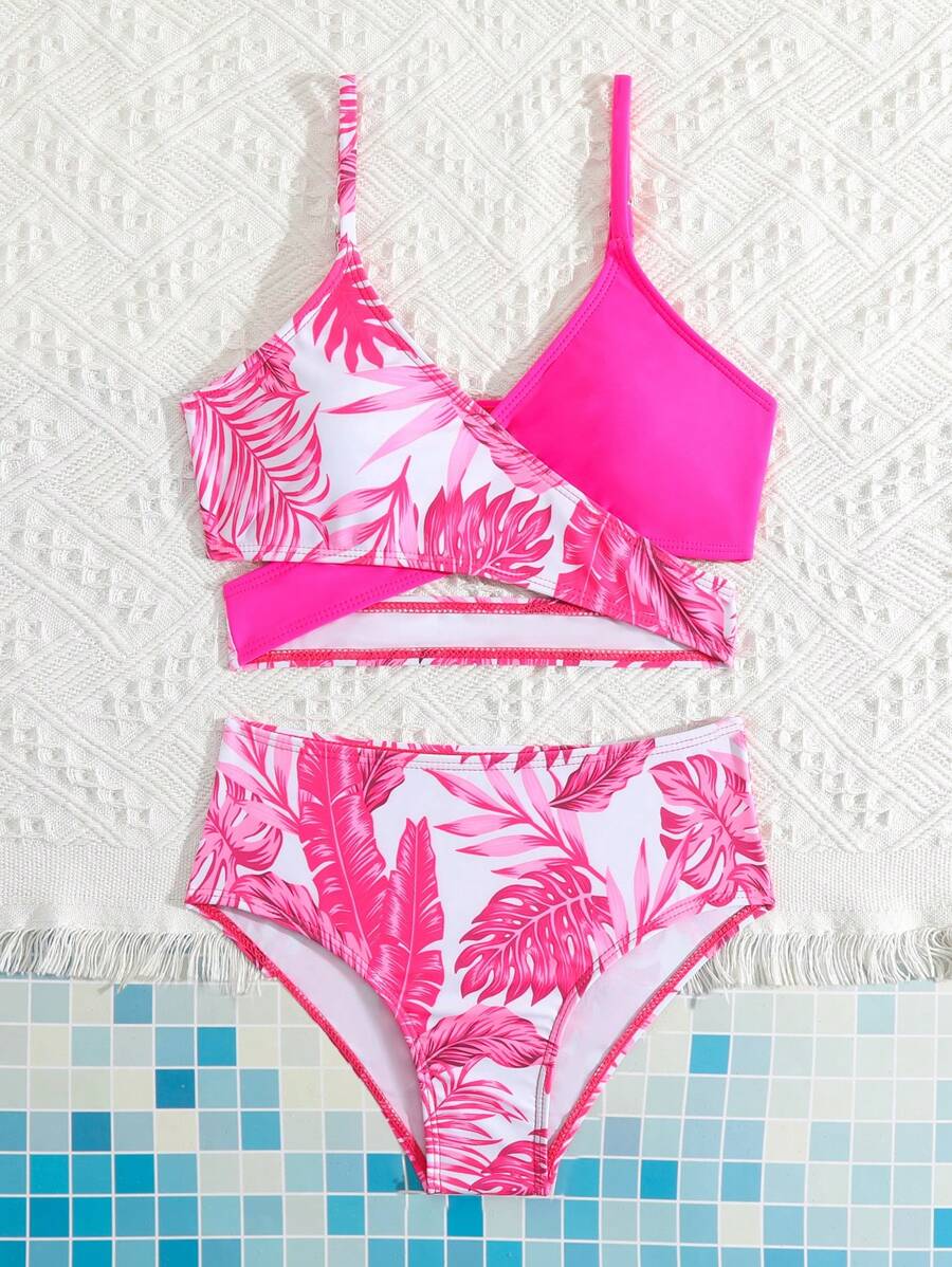 Tween Girl 热带印花裹身比基尼套装 夏日海滩 - 彩色 - 查看 1