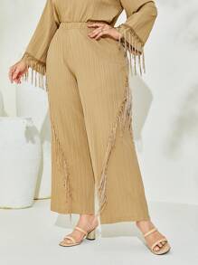 Mulvari 大碼流蘇邊褶皺長褲 - 卡其色 - 查看 3